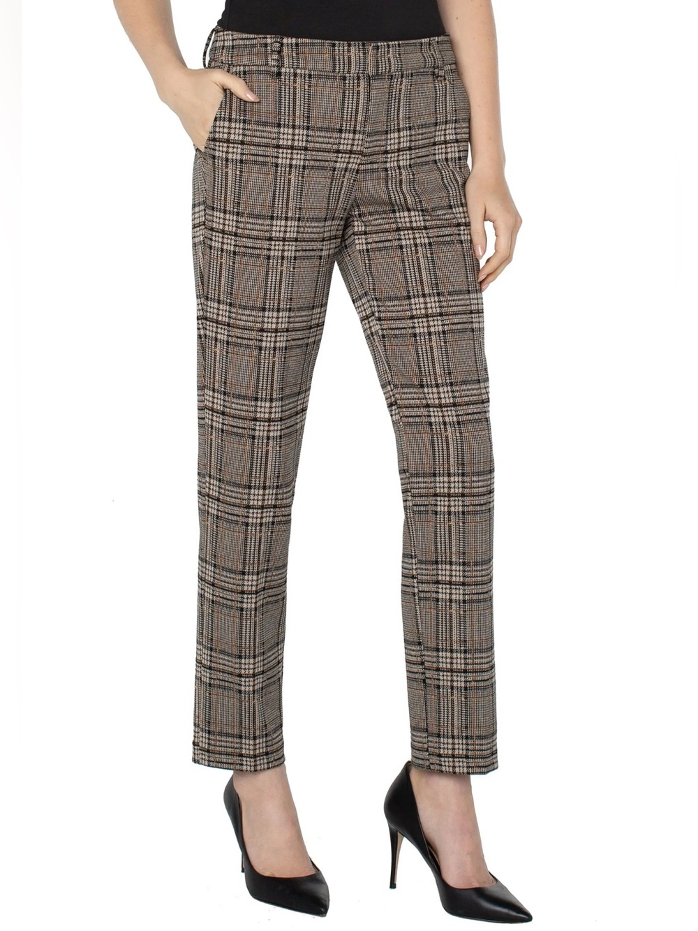 Liverpool Los Angeles Kelsey Trouser Pants - Tan & Black Glen Plaid - Size 10/30